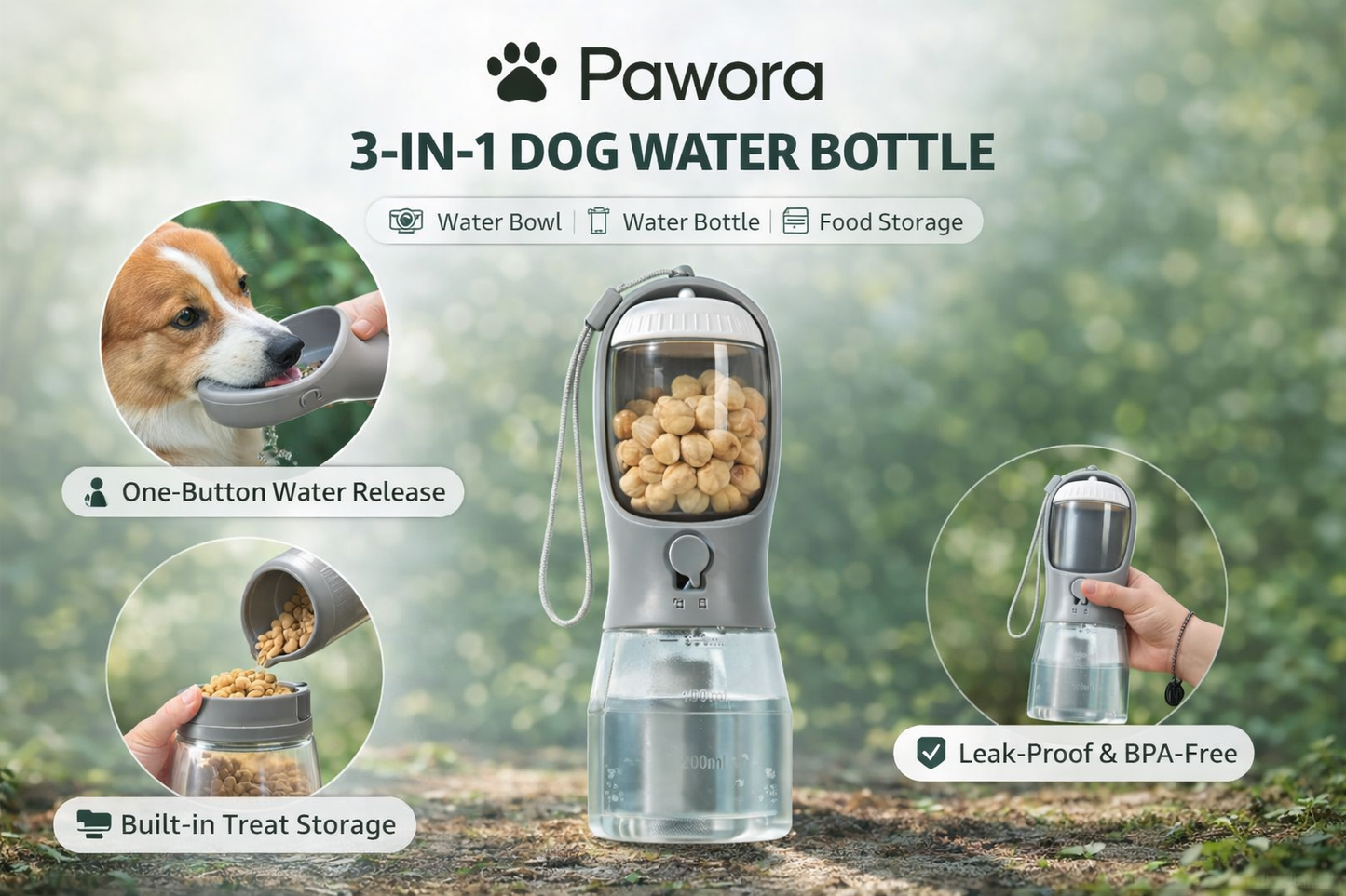 Pawora™ 3-in-1 Portable Dog Water Bottle with Food & Waste Bag Dispenser